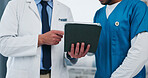 Hands, doctors and tablet for discussion at hospital for team review, checklist or insight for medical report. People, nurse and surgeon with tech, app and feedback for healthcare services at clinic