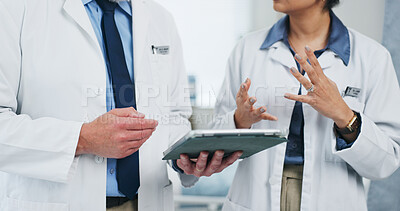 Buy stock photo Hands, tablet and team discussion with doctors for healthcare results, report or diagnosis. Tech, people and collaboration in medical hospital for treatment planning, advice or problem solving