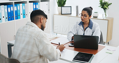 Buy stock photo Medical, writing or people in office with form, signature or advice for hospital insurance application. Paperwork, patient or doctor with contract, healthcare aid or signing of wellness survey.