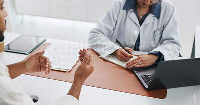 Buy stock photo Doctor, hands or consultation with patient in hospital, healthcare or writing prescription with tech. People, medical worker and talk for checkup, explain symptoms or assessment report with laptop