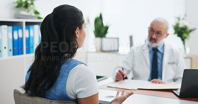 Buy stock photo Medical, explaining or people in hospital with consultation, treatment discussion or assessment in office visit. Healthcare, doctor or patient with review, clinic checkup or assistance with symptoms.