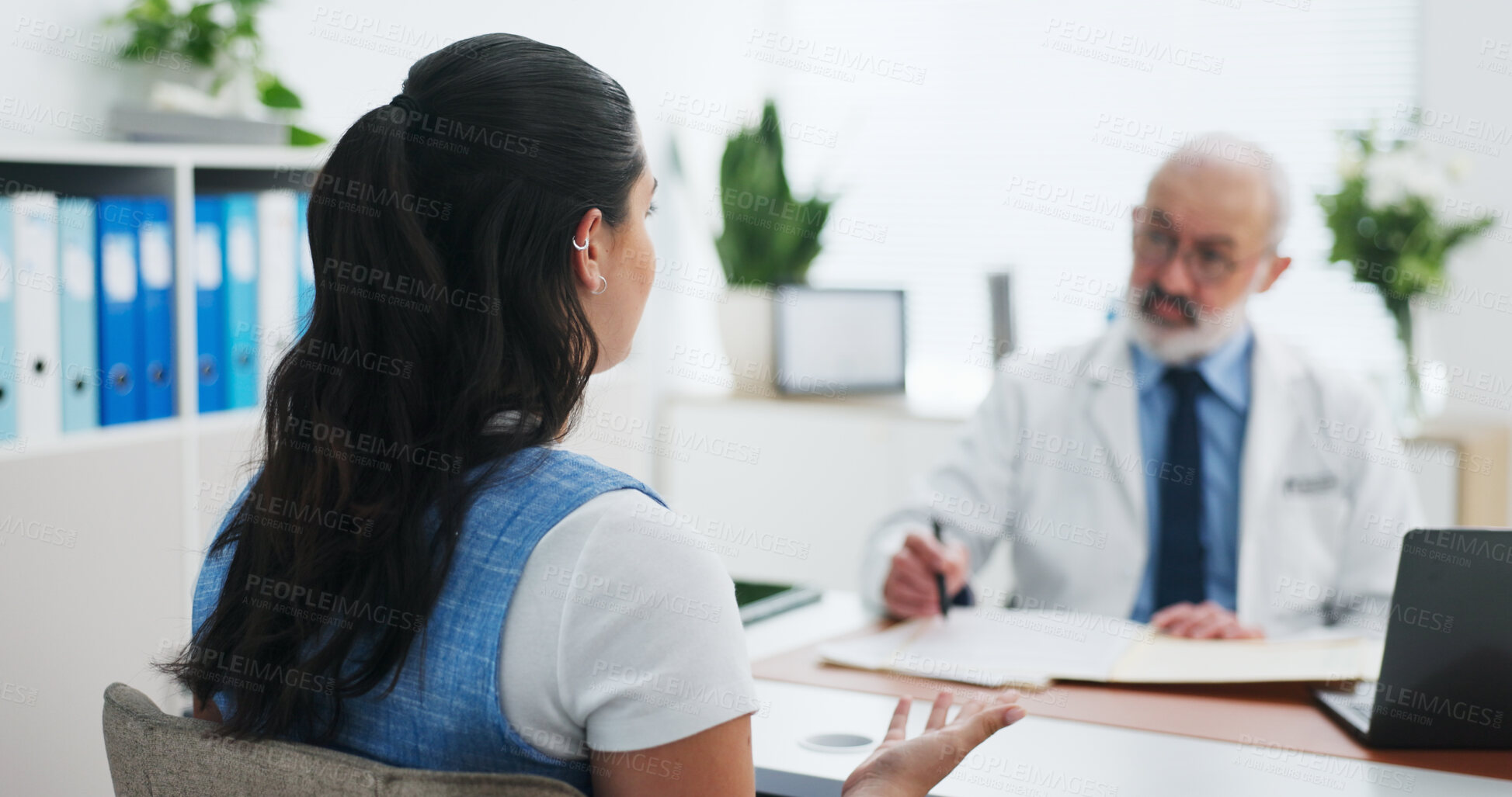 Buy stock photo Medical, explaining or people in hospital with consultation, treatment discussion or assessment in office visit. Healthcare, doctor or patient with review, clinic checkup or assistance with symptoms.
