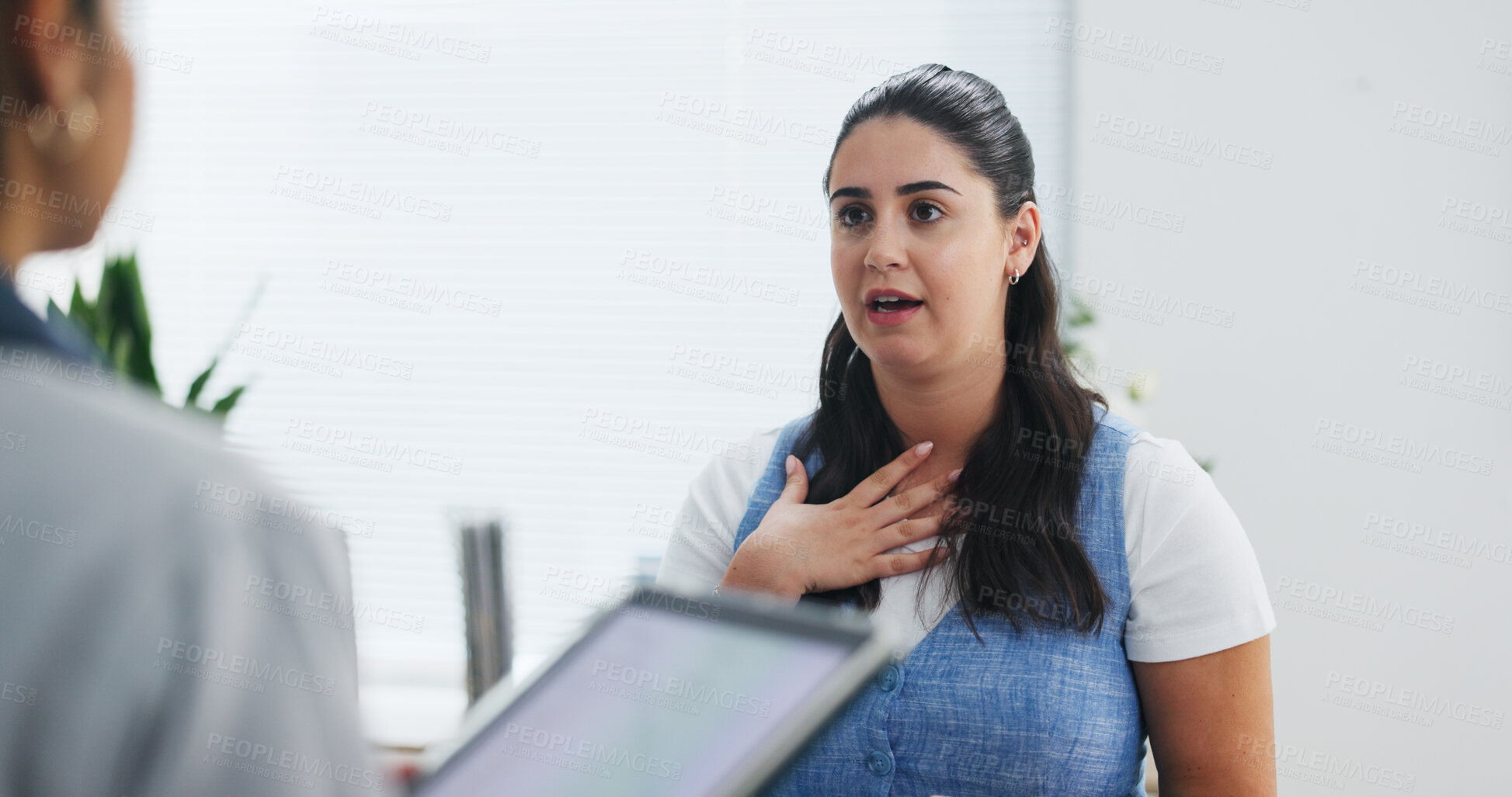 Buy stock photo Tablet, checkup and doctor with woman in hospital for medical research, discussion or symptoms. Chest pain, digital technology and healthcare worker with female patient for consultation in clinic.