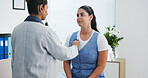 Doctor, women or breathe in office with stethoscope, heart assessment or respiratory exam for advice. People, healthcare worker or patient in consultation with medical equipment, evaluation and chat.
