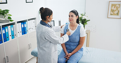 Buy stock photo Doctor, patient and breathe in office with stethoscope, heart assessment or checkup for cardiology. People, healthcare worker or chest exam in consultation with medical equipment, evaluation or help.