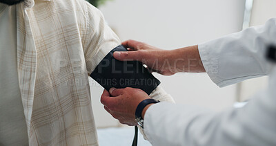 Buy stock photo Blood pressure, consultation and hands of doctor with man in hospital for medical service or support. Advice, checkup and healthcare worker with male patient for monitoring hypertension in clinic.