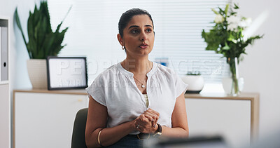 Buy stock photo Woman, talk and nervous with therapy at clinic, pov and explain symptoms for anxiety in consultation. Person, psychology and discussion for stress management, advice and mental health at hospital