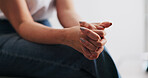 Hands, woman and nervous with anxiety for counseling session with emotional tension in therapy. Person, fidget and restless with stimming, trauma response and overwhelmed for psychology consultation