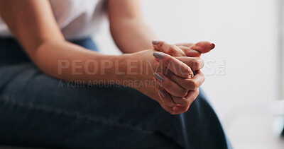 Buy stock photo Hands, woman and nervous with anxiety for counseling session with emotional tension in therapy. Person, fidget and restless with stimming, trauma response and overwhelmed for psychology consultation