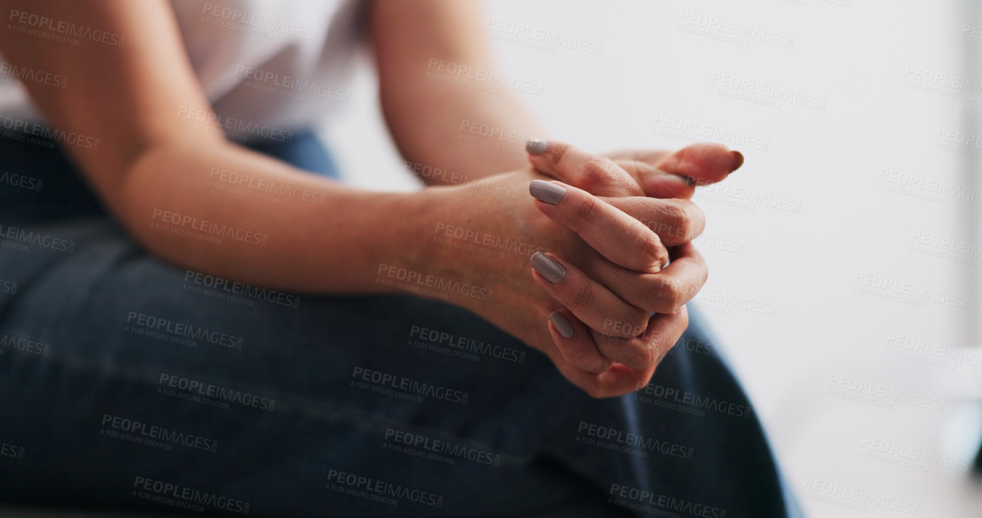 Buy stock photo Hands, woman and nervous with anxiety for counseling session with emotional tension in therapy. Person, fidget and restless with stimming, trauma response and overwhelmed for psychology consultation