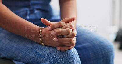 Buy stock photo Hands, woman and nervous with stress for counseling session with emotional anxiety in therapy. Person, fidget and restless with stimming, trauma response and overwhelmed for psychology consultation