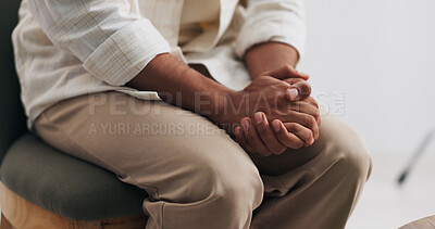 Buy stock photo Hands, person and nervous with anxiety of counseling session with emotional tension in therapy. Patient, fidget and restless with stimming, trauma response and overwhelmed for psychology consultation