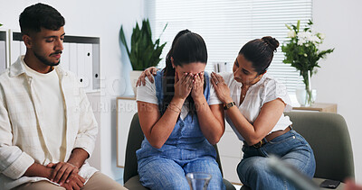 Buy stock photo Group, therapy and woman in office, crying or healing session in AA meeting, mental health and care. People, listen and alcoholic recovery with counseling, sobriety or rehab for addiction and support