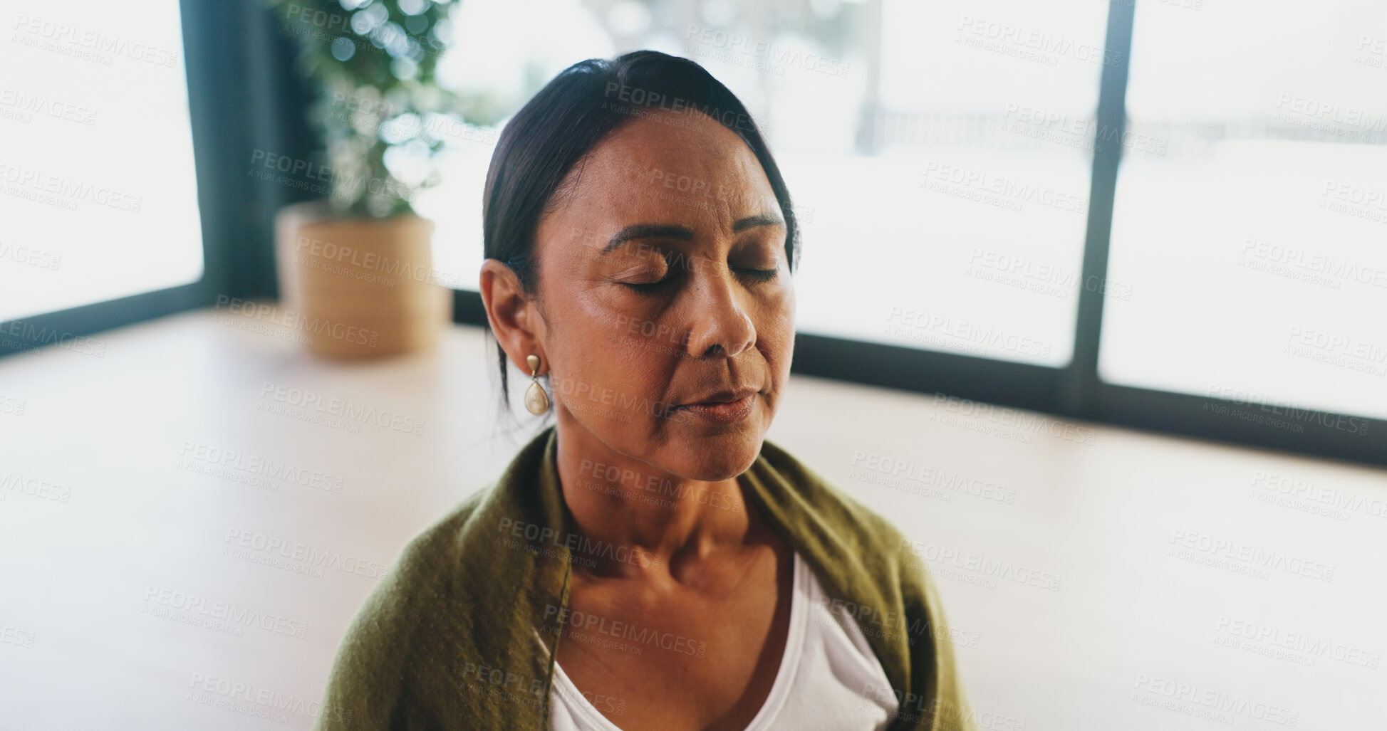 Buy stock photo Mature woman, meditation and zen at yoga class with eyes closed for breathing exercise on gym floor. Person, holistic fitness and mindfulness at club, course or posture with peace at wellness center