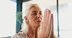 Mature woman, meditation and namaste at yoga class with mudra for breathing exercise in gym. Person, holistic fitness and mindfulness at club, course or prayer hands pose for peace at wellness center