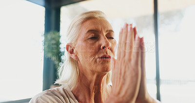 Buy stock photo Mature woman, meditation and namaste at yoga class with mudra for breathing exercise in gym. Person, holistic fitness and mindfulness at club, course or prayer hands pose for peace at wellness center