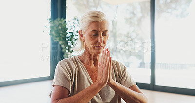 Buy stock photo Mature woman, meditation and namaste at yoga studio with mudra for breathing exercise in gym. Person, holistic fitness and mindfulness at club, class or prayer hands pose for peace at wellness center