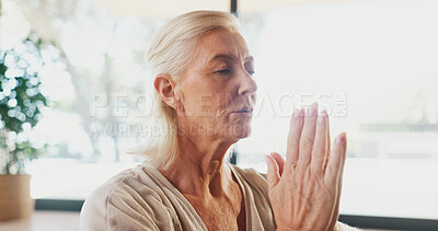 Buy stock photo Mature woman, zen and namaste at yoga studio with mudra for breathing exercise in gym. Person, holistic fitness and mindfulness at club, class or prayer hands pose for meditation at wellness center