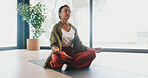 Relax, yoga and woman with meditation in studio for stress relief, grounding practice and zen. Calm, mature person and lotus pose on mat for mental health, mindfulness or holistic wellness with peace