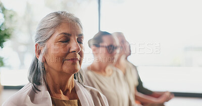 Buy stock photo Exercise, meditation and zen with senior women in studio for balance, inner peace or mindfulness. Awareness, fitness and yoga with group of calm old people in wellness class for mental health