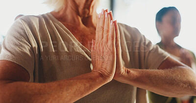Buy stock photo Prayer hands, meditation and coach at yoga class with group, mudra and breathing exercise in gym. Person, holistic fitness and mindfulness at studio, namaste pose or guide with zen at wellness club