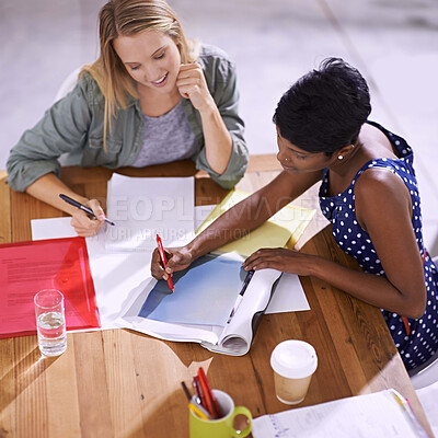Buy stock photo Women in team strategy meeting at fashion magazine agency, conference room and collaboration. Diversity, top view and creative female employees working together, editorial ideas and brainstorming