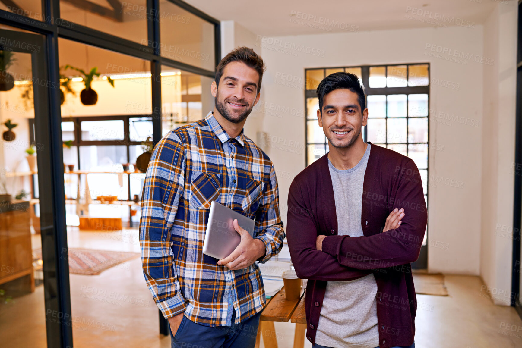 Buy stock photo Tablet, men and friends with smile for portrait, creative and interior design for career or job. Colleagues, guy and male person with happiness for startup of business, teamwork and collaboration