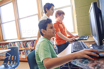 Buy stock photo Learning, education and students on computer in classroom or middle school. Development, pc and group of boys or kids studying computers, information technology and software, coding or programming.