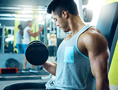 Buy stock photo Fitness, dumbbells and man in gym, training or endurance for strength workout. Equipment, weight lifting or person in wellness center, routine or exercise for body development, power or muscle growth
