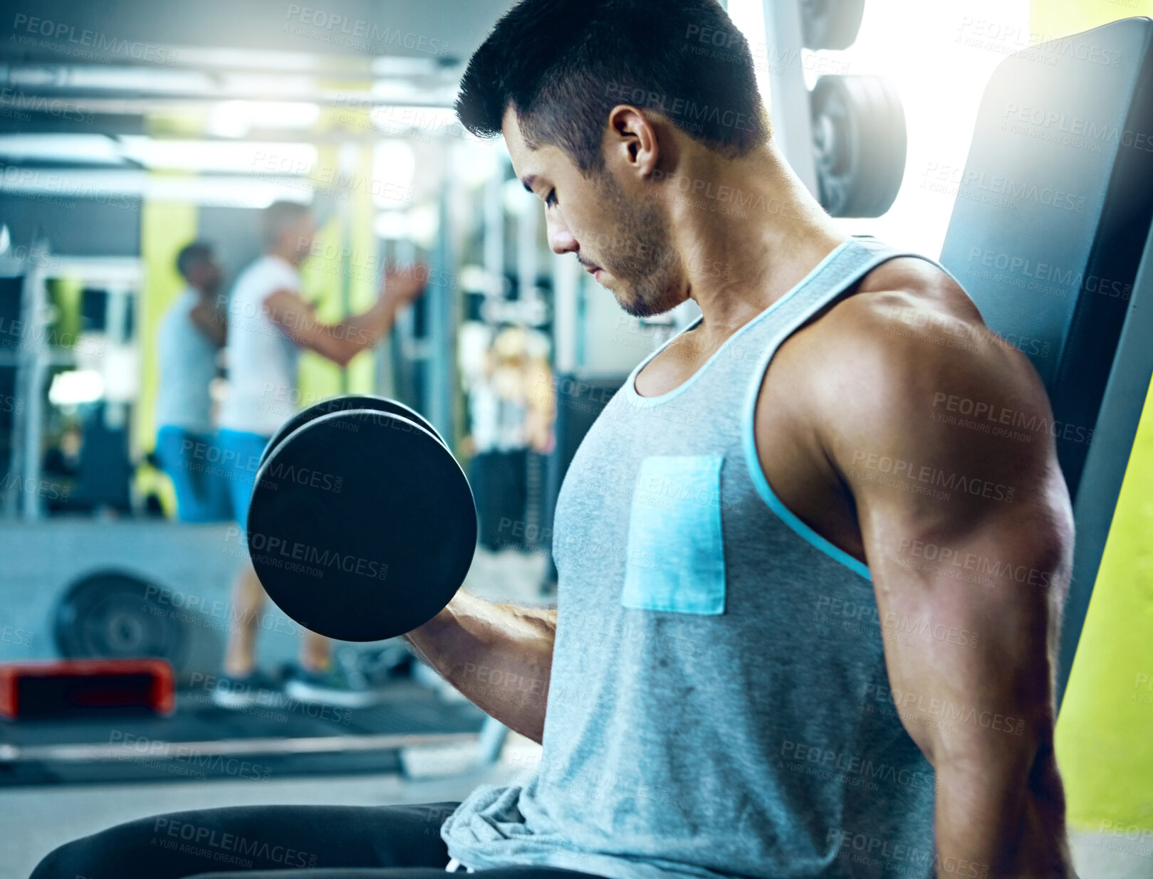 Buy stock photo Fitness, dumbbells and man in gym, training or endurance for strength workout. Equipment, weight lifting or person in wellness center, routine or exercise for body development, power or muscle growth