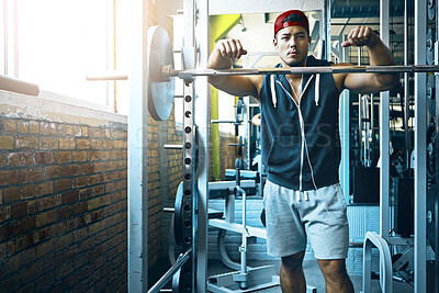 Buy stock photo Break, portrait and weightlifting with man in gym for strength training or workout routine. Barbell, music and streaming with bodybuilder in health club for challenge, physical improvement or rest
