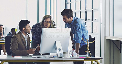 Buy stock photo Teamwork, coaching and computer with business people in office for review, collaboration and planning, Strategy, designer and leadership with employee in digital agency for idea, learning and goals
