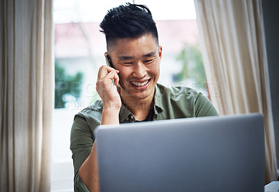 Buy stock photo Remote work, phone call and man with laptop for contact, client feedback and software development project. Happy, positive review and asian person with tech for security program, discussion and home