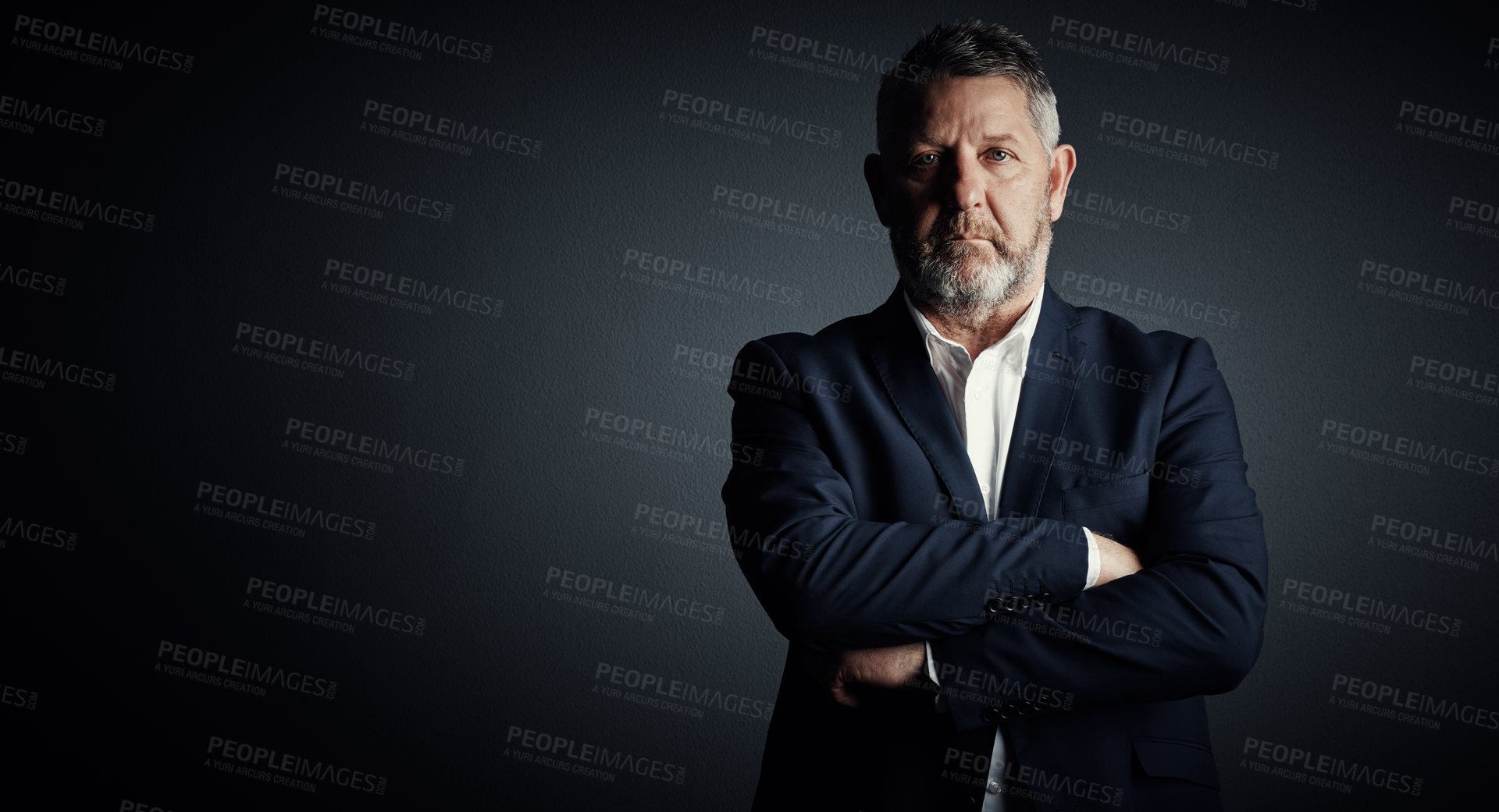 Buy stock photo Arms crossed, portrait and space with business man as investment banker, pride and about us. Portfolio manager, corporate and professional with person on studio background for opportunity mockup