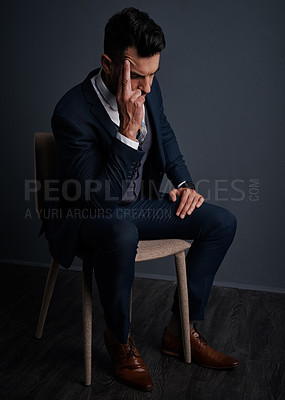 Buy stock photo Businessman, stress and lawyer thinking in studio, legal consultant and brainstorming idea for trial. Case management, defence pressure or attorney planning for justice, reflection or dark background