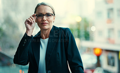 Buy stock photo Portrait, glasses and woman in city, business and lawyer with journey, confidence and travel. Mature person, legal aid and attorney in street, bokeh and eyewear for clear vision and professional