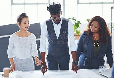 Buy stock photo Creative, people and architect with blueprint, office and teamwork for architecture with floor plan. Colleagues, meeting and group with document for property development, talking and collaboration