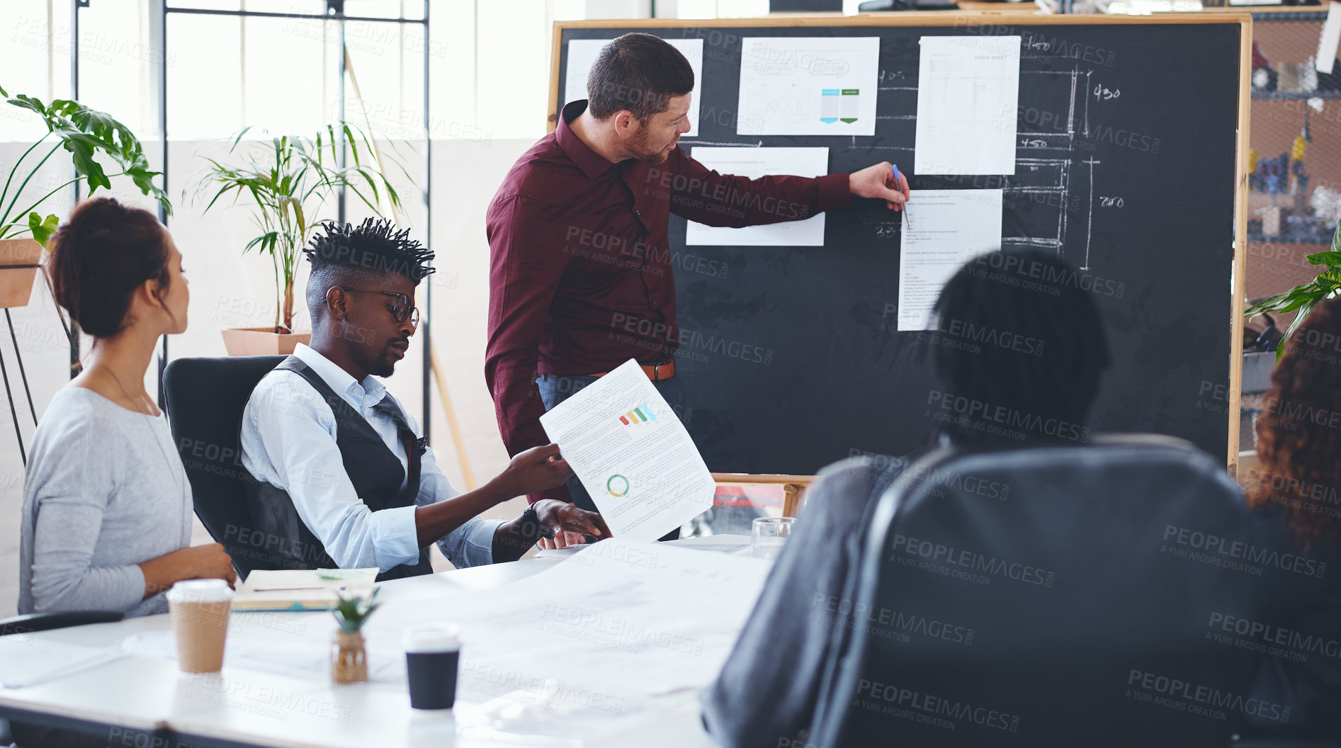 Buy stock photo Business people, speaker and workshop in office with board, architecture policy and review dimension. Manager, team and explain in presentation with design idea, building compliance and project goal.