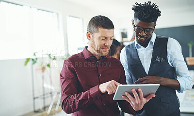 Buy stock photo Tablet, business men and planning in office, proposal or compliance report with feedback. Tech, happy people and team in meeting with consultant for policy review, collaboration and regulatory update