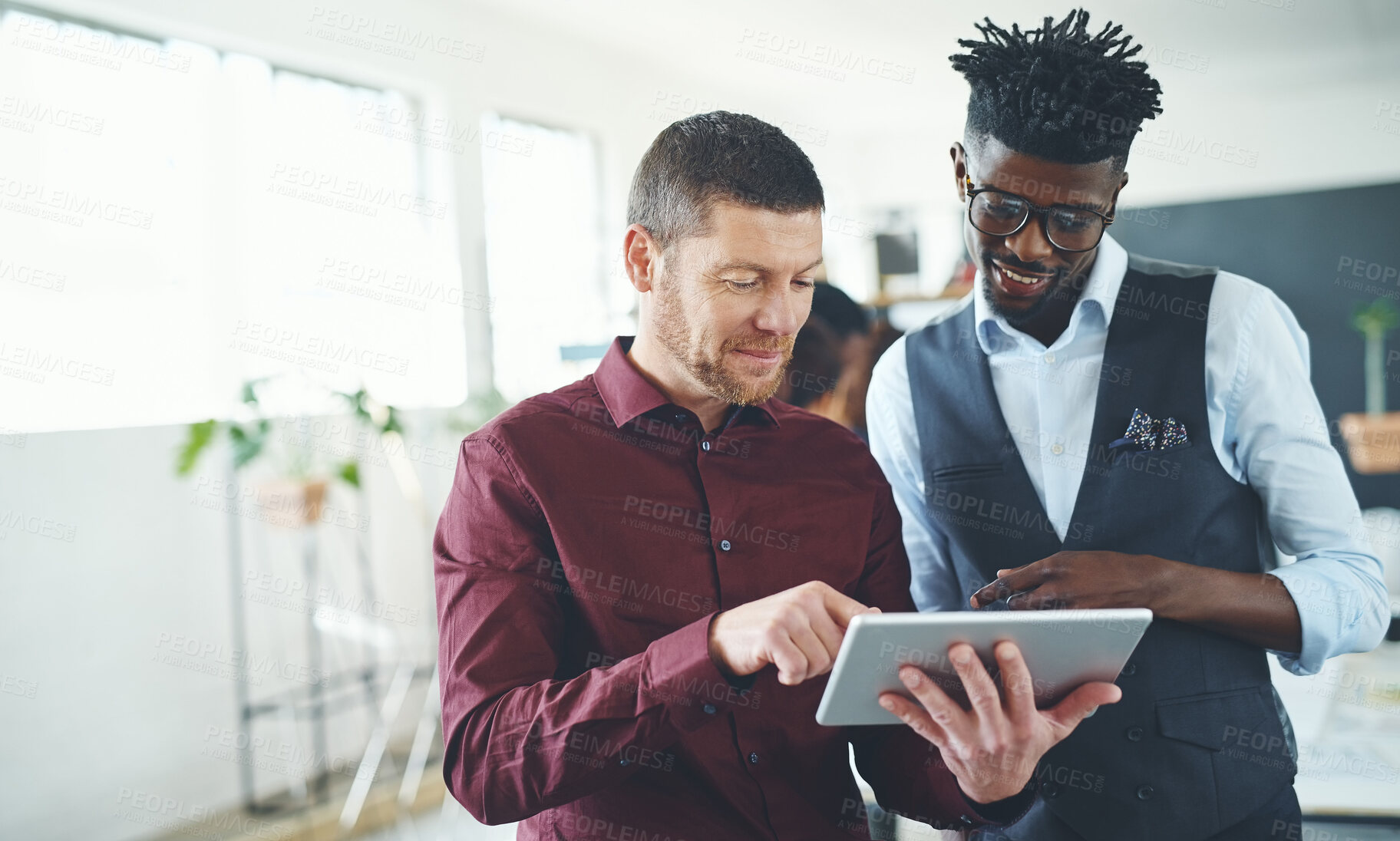 Buy stock photo Tablet, business men and planning in office, proposal or compliance report with feedback. Tech, happy people and team in meeting with consultant for policy review, collaboration and regulatory update