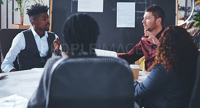 Buy stock photo Architect, meeting and people with blueprint, talk or idea for property development and architecture. Group, discussion and urban planning for real estate opportunity, creative and team with laptop