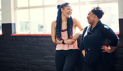 Buy stock photo People, friends and laugh for fitness at gym with discussion, training advice and funny feedback. Smile, women and conversation with joke, exercise break and bonding together for recovery wellness