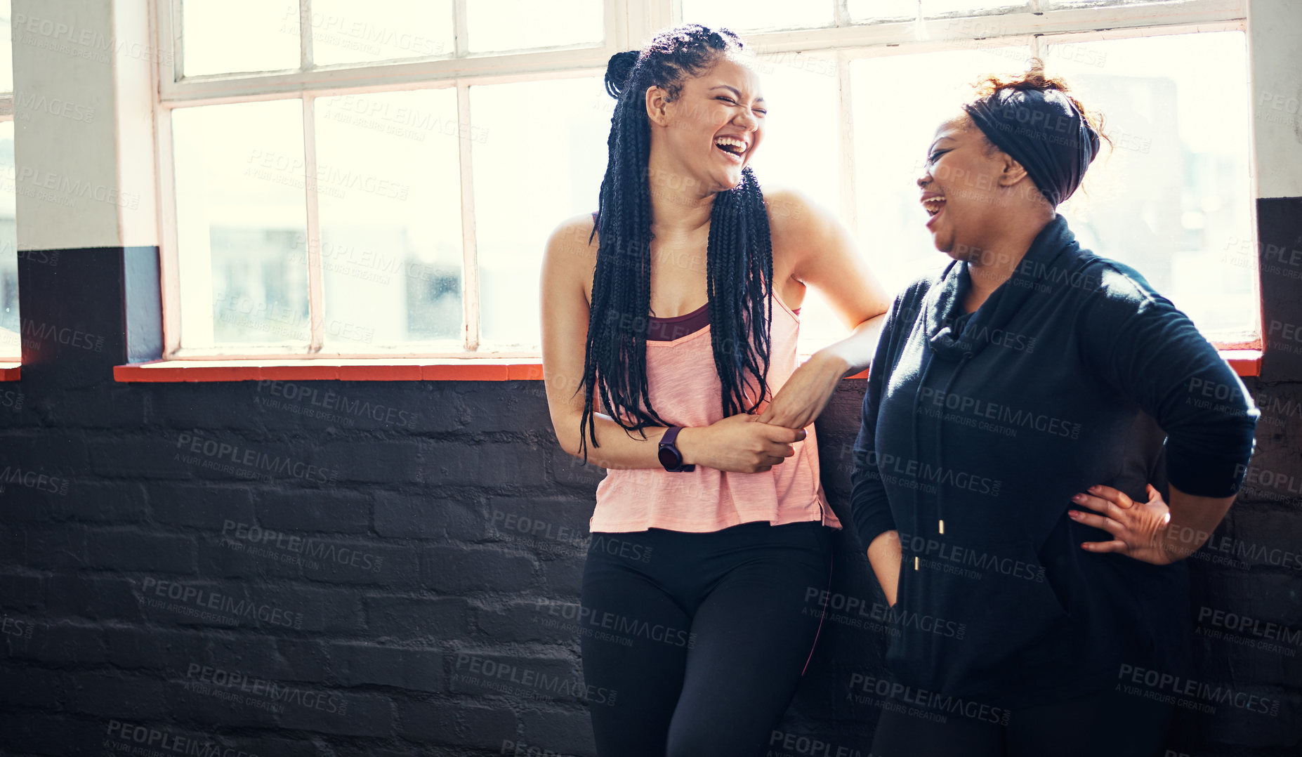 Buy stock photo People, friends and laugh for fitness at gym with discussion, training advice and funny feedback. Smile, women and conversation with joke, exercise break and bonding together for recovery wellness
