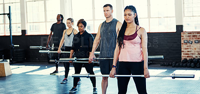 Buy stock photo Woman, class and weightlifting bar at gym for strength training, functional exercise and fitness. Female instructor, people and muscle workout at health club for power challenge, mobility or wellness