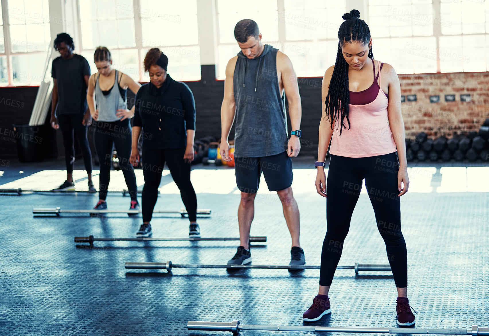 Buy stock photo Sports, steel bars and people in gym for weightloss, workout or body training for wellness. Weights, class and group of athletes with equipment for challenge, exercise or health in fitness center.