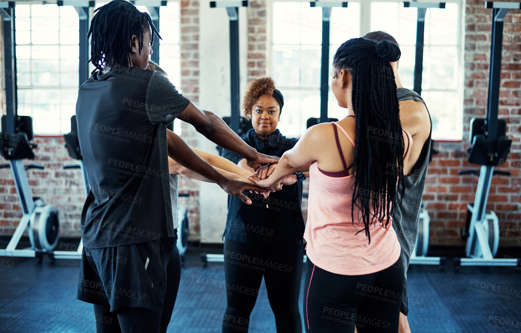 Buy stock photo Hand stack, fitness and group of people in gym with workout, wellness and training with goal success. Together, achievement and athletes with exercise for health or challenge in sports center.