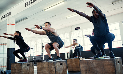 Buy stock photo Club, fitness and squat with people on box for workout, gym equipment and bodybuilder. Wellness, exercise class and plyometric training with group of friends in sports center for platform and health