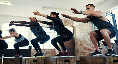 Buy stock photo Class, fitness and squat with people on box for workout, gym equipment and bodybuilder. Wellness, exercise club and plyometric training with group of friends in sports center for platform and health