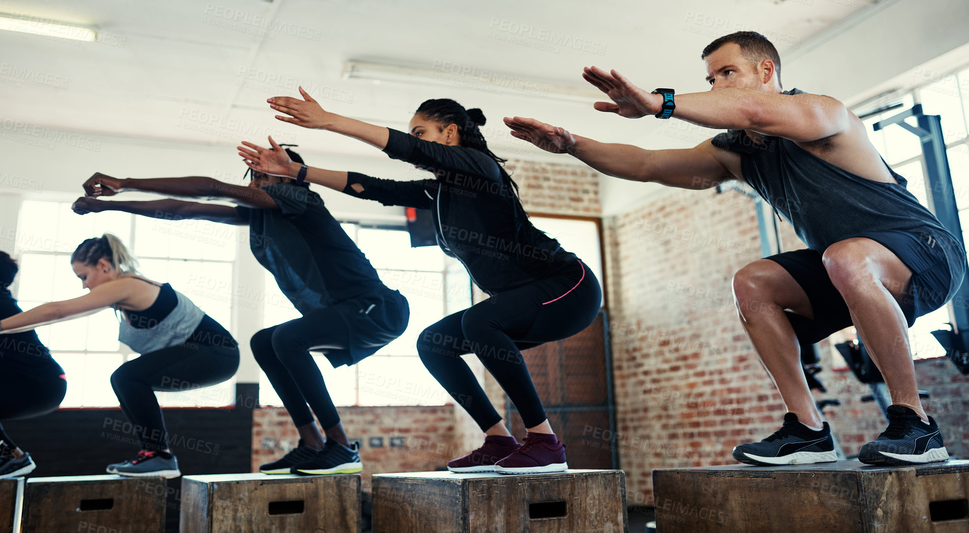 Buy stock photo Class, fitness and squat with people on box for workout, gym equipment and bodybuilder. Wellness, exercise club and plyometric training with group of friends in sports center for platform and health