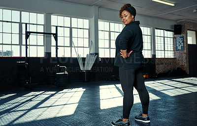 Buy stock photo Fitness, plus size and portrait of black woman in gym for workout, health and challenge. Pride, exercise and training with female person in sports center for weight loss transformation and wellness